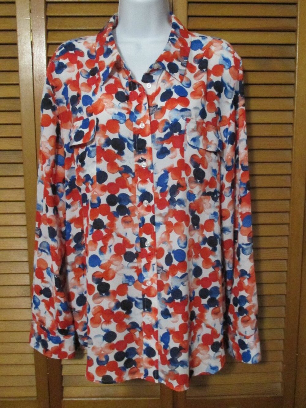 Investments top blouse button down red white blue sleeves roll up size XL